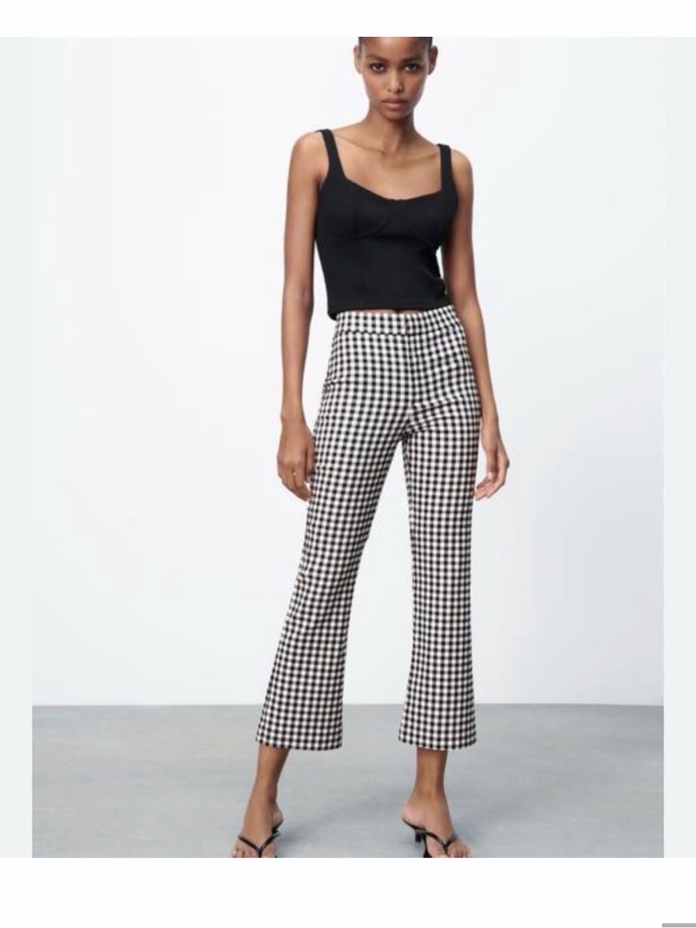 Zara Black and White Gingham Check Pants Crop Flare Pull On size S